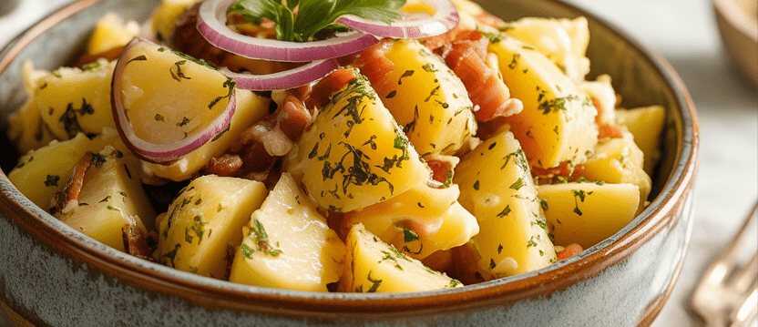 Kartoffelsalat mit Apfelessig und Rapsöl – so sieht es fertig aus