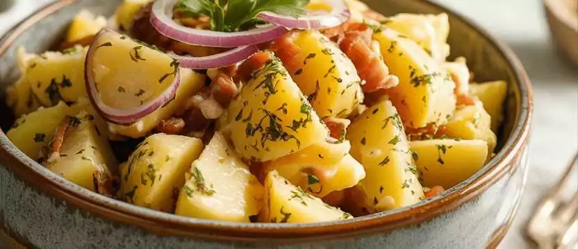 Kartoffelsalat mit Apfelessig und Rapsöl – so sieht es fertig aus