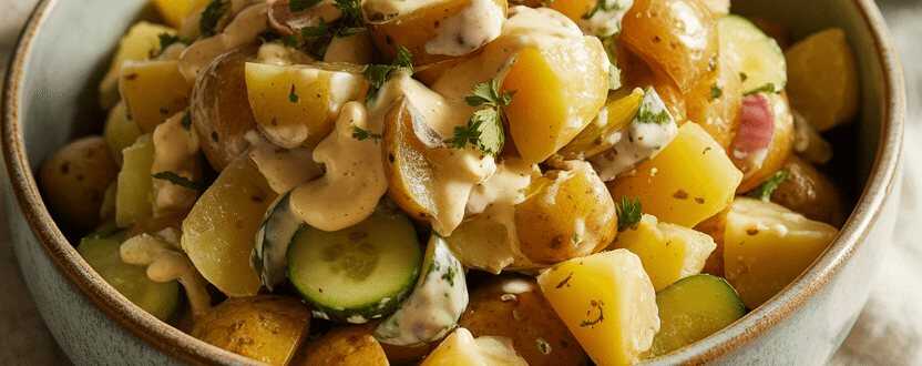 Kartoffelsalat mit Gurkenwasser abgeschmeckt – so sieht es fertig aus