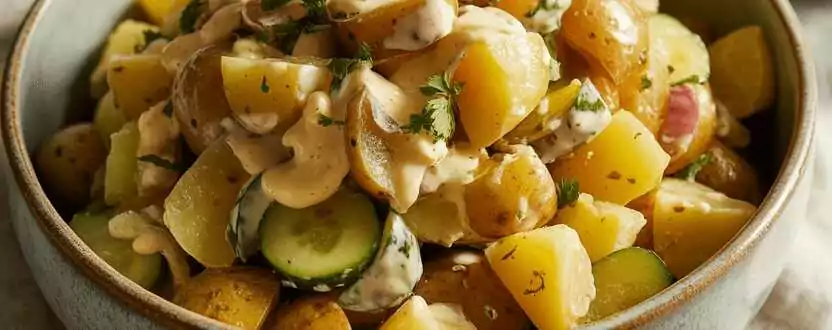Kartoffelsalat mit Gurkenwasser abgeschmeckt – so sieht es fertig aus