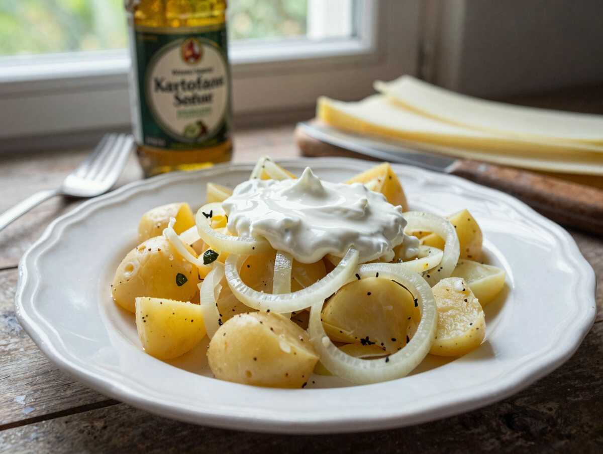 Kartoffelsalat mit Joghurt-Dressing leicht, perfekt als Beilage zum Grillen – während der Zubereitung