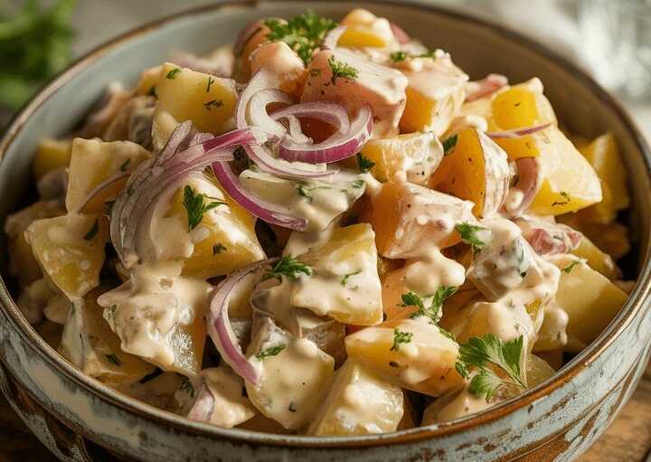 Kartoffelsalat mit Petersilie und Zwiebelwürfeln