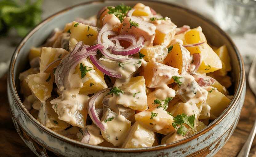 Kartoffelsalat mit Petersilie und Zwiebelwürfeln