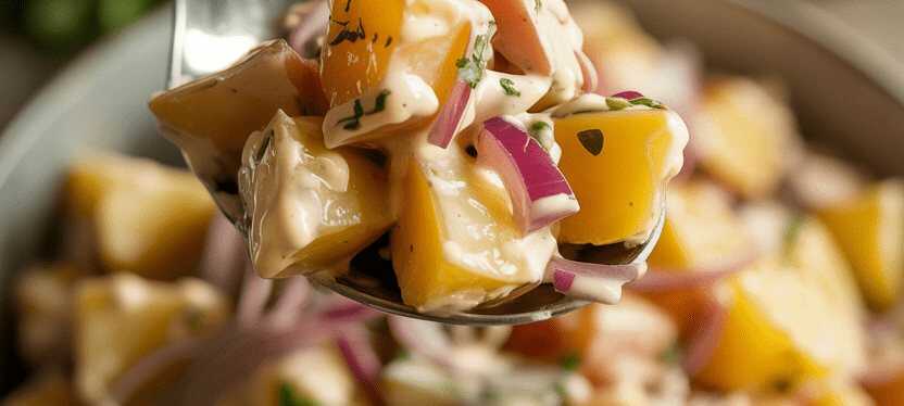 Kartoffelsalat mit Petersilie und Zwiebelwürfeln – so sieht es fertig aus
