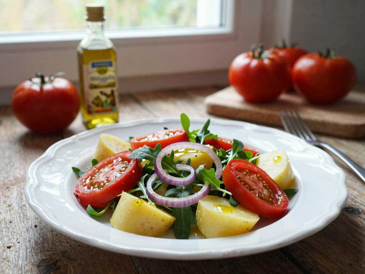 Kartoffelsalat mit Rucola und getrockneten Tomaten – perfekt zum Vorkochen für die ganze Woche – während der Zubereitung