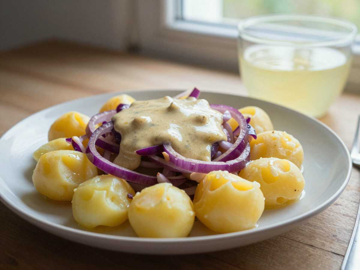 Kartoffelsalat mit warmem Brühen-Dressing – während der Zubereitung