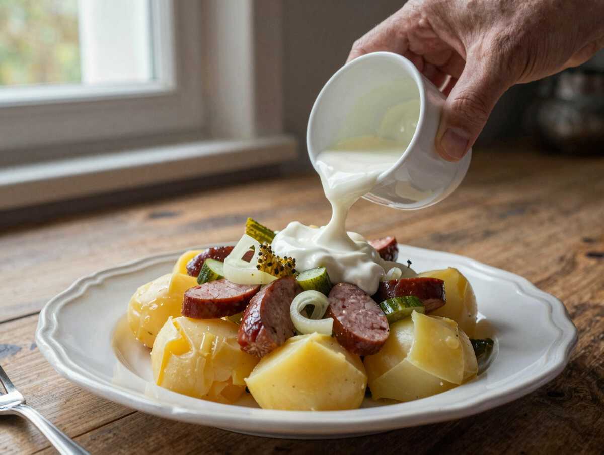 Kartoffelsalat mit Würstchen für Heiligabend – in 20 Minuten auf dem Tisch – während der Zubereitung