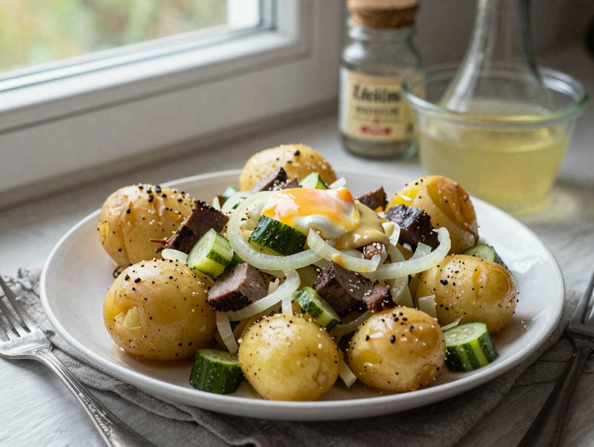 Kartoffelsalat mit Würstchen für Heiligabend – so günstig kann lecker sein – während der Zubereitung