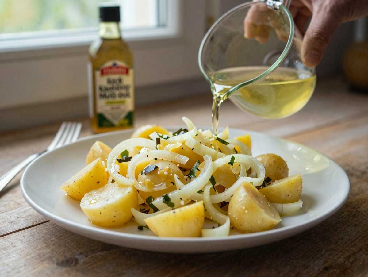 Kartoffelsalat ohne Mayo mit Essig und Öl – perfekt zum Vorkochen für die ganze Woche – während der Zubereitung