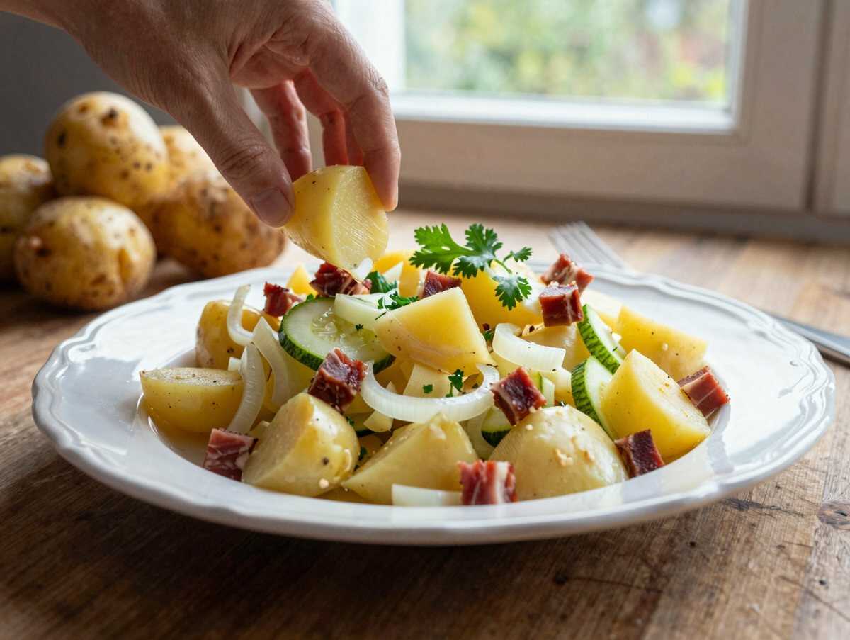 Kartoffelsalat ohne Mayonnaise nach Hausrezept – während der Zubereitung