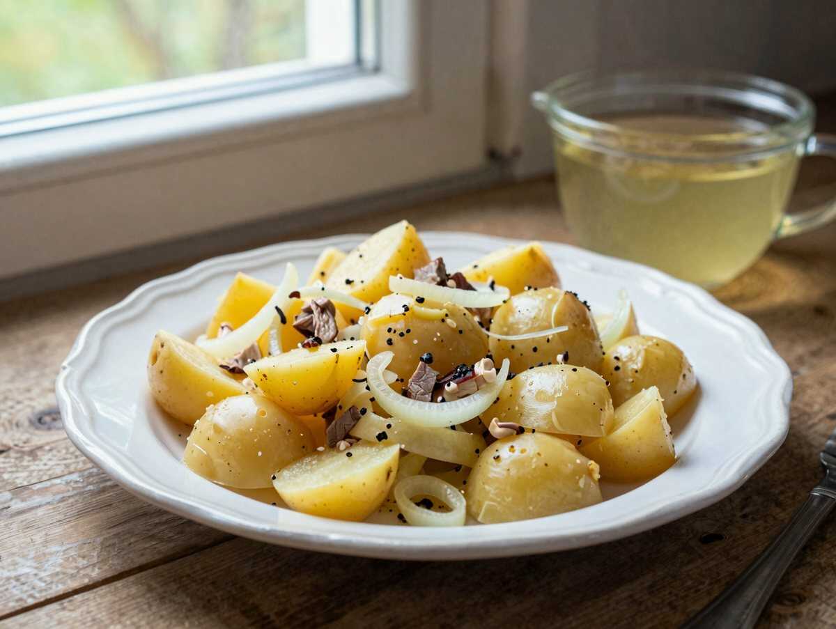 Kartoffelsalat wie vom Metzger, das 5-Sterne-Rezept aus einfachen Kartoffeln – während der Zubereitung