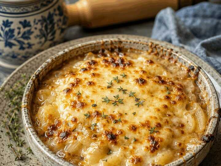 Kartoffel-Zwiebel-Suppe mit Käse überbacken – deftig, ehrlich und richtig gut