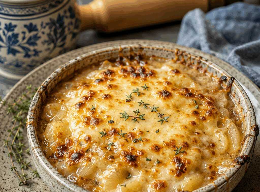 Kartoffel-Zwiebel-Suppe mit Käse überbacken – deftig, ehrlich und richtig gut
