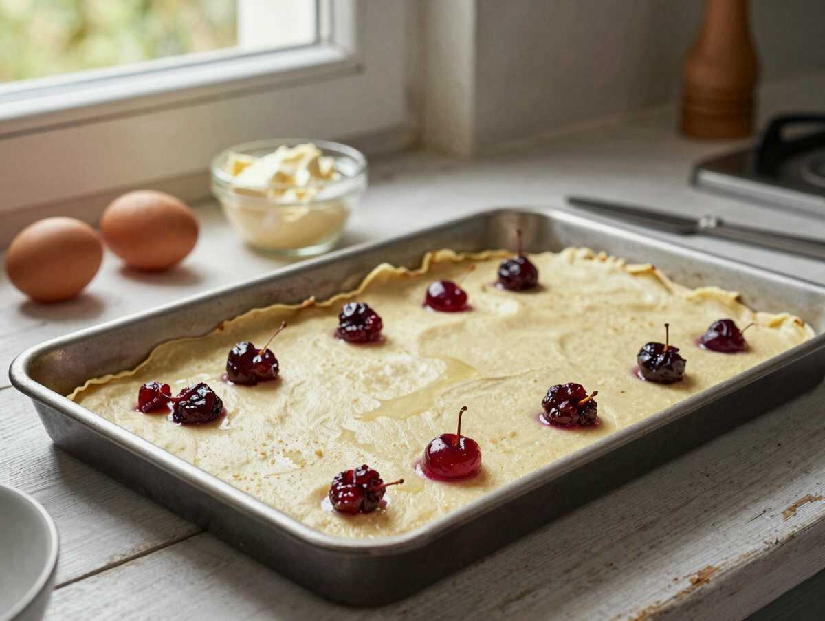 Kirsch-Eierlikör-Blechkuchen: Entdecke dieses himmlische Rezept mit Schmand und Sahne! – während der Zubereitung