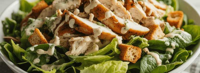 Klassischer Caesar Salat mit gegrilltem Hähnchen – so sieht es fertig aus