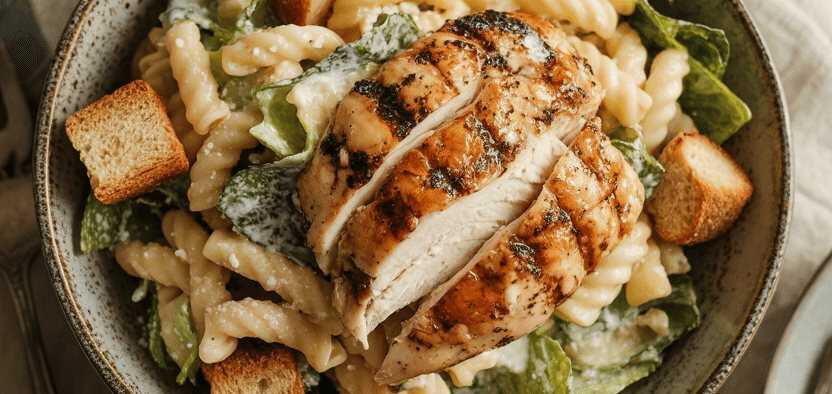 Klassischer Caesar Salat mit gegrilltem Hähnchen – so sieht es fertig aus