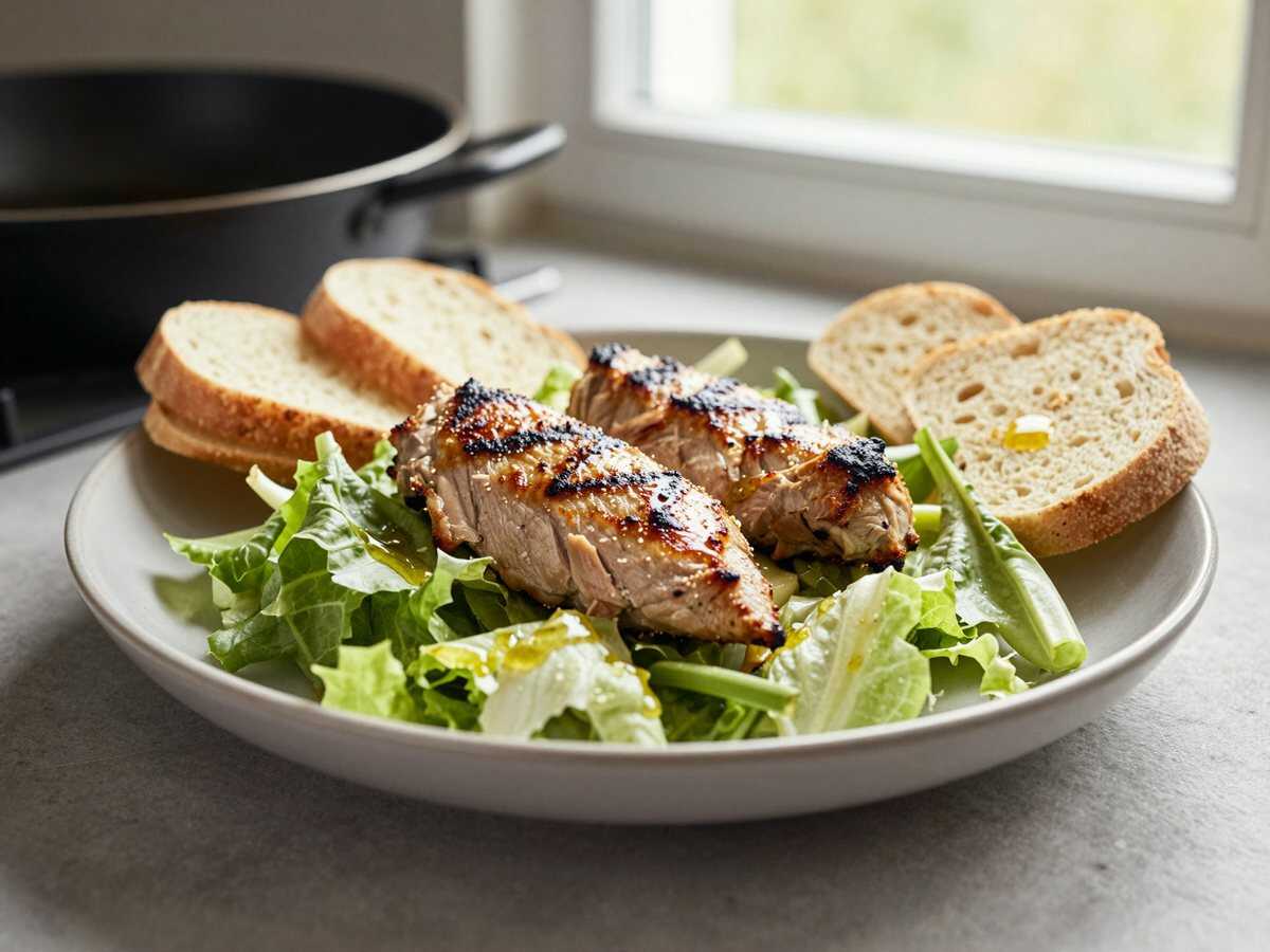 Klassischer Caesar-Salat mit gegrilltem Hähnchen – während der Zubereitung