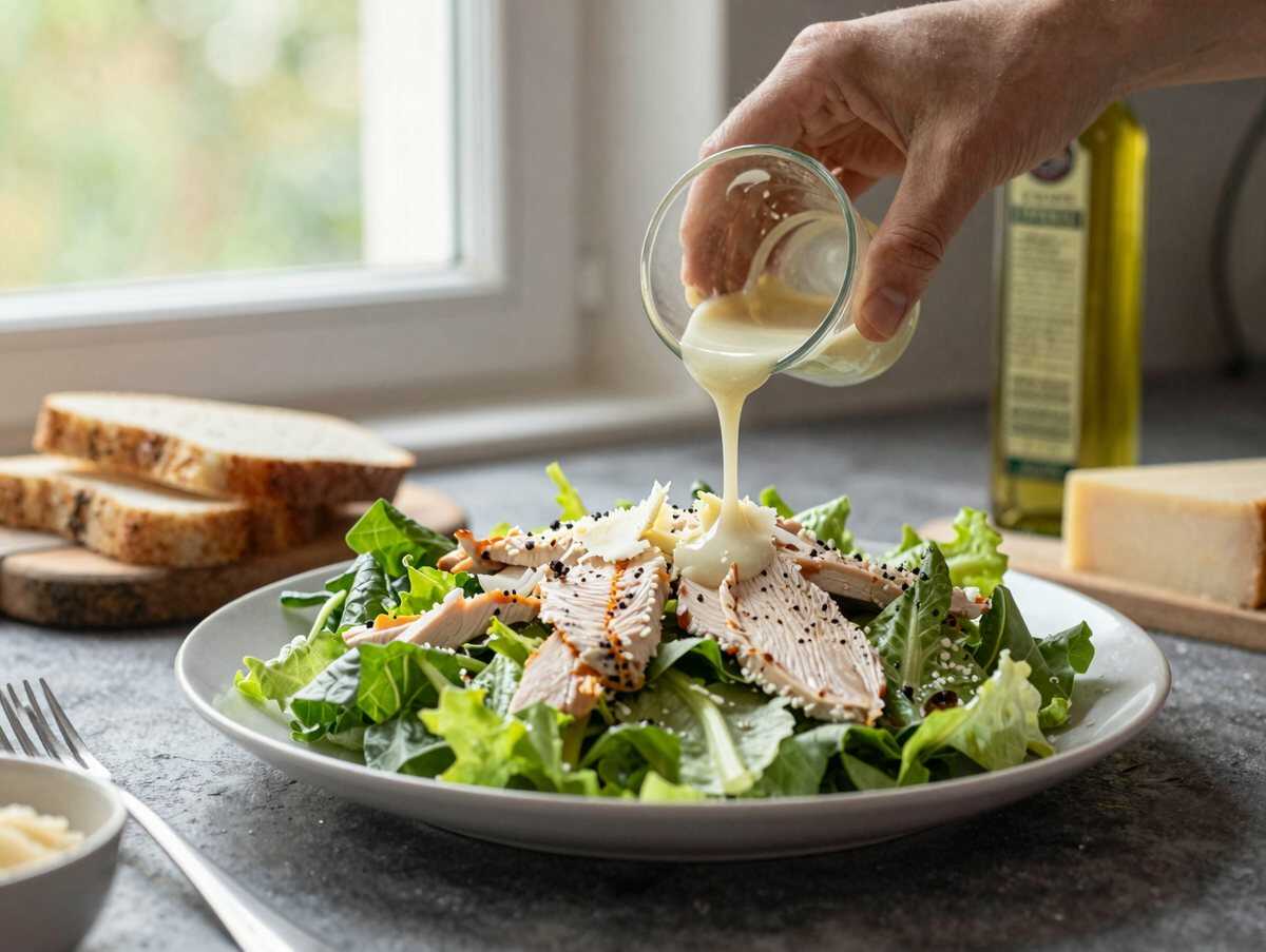Klassischer Caesar-Salat mit Hähnchen und selbstgemachtem Dressing – während der Zubereitung