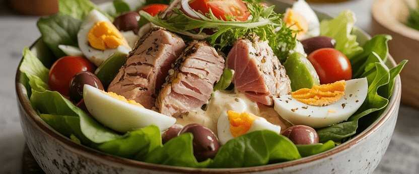 Klassischer Salade Niçoise mit Thunfisch und Ei