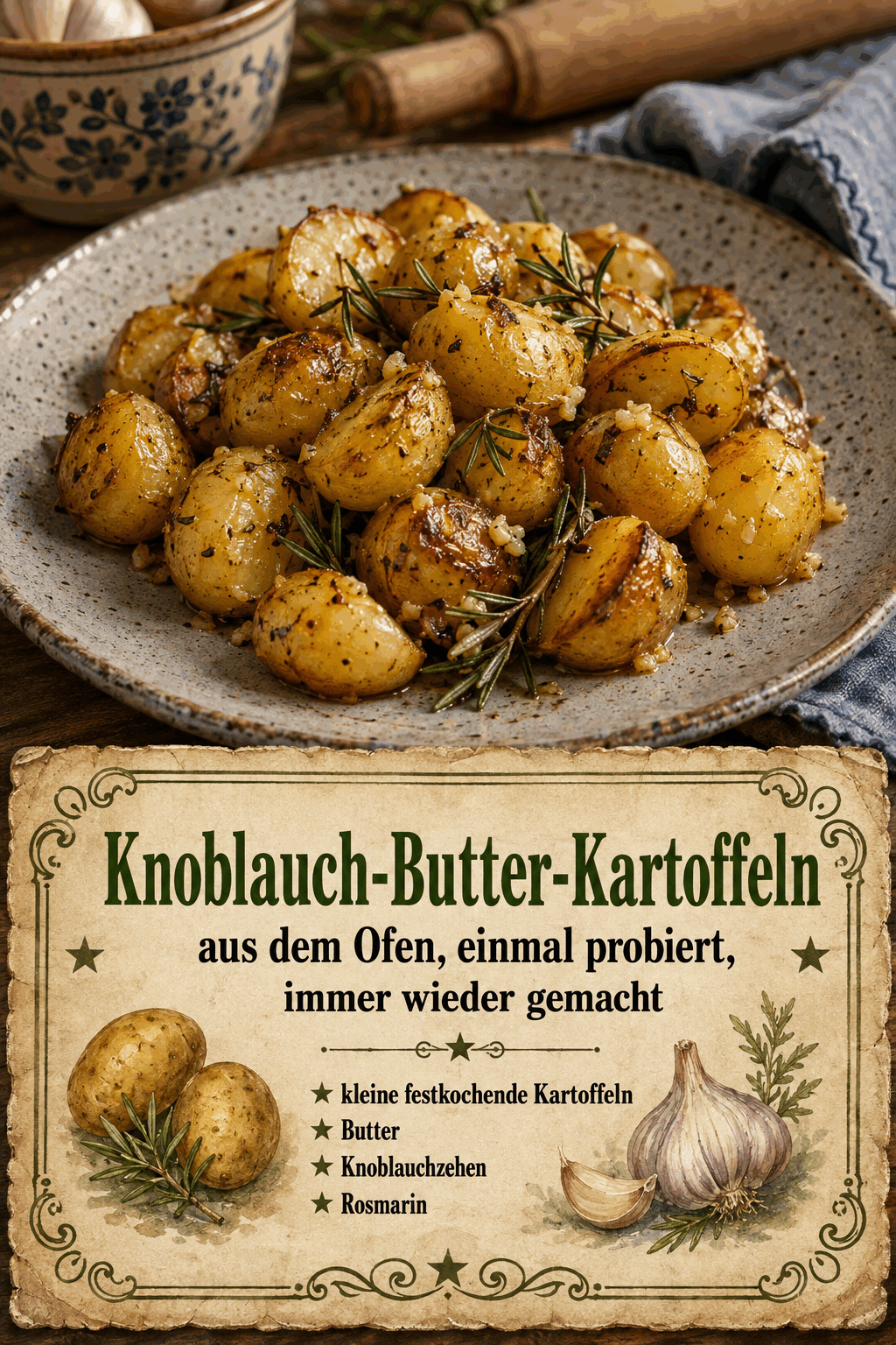 - kleine festkochende Kartoffeln - Butter - Knoblauchzehen - Rosmarin