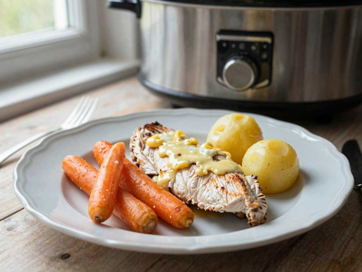 Knoblauch-Butter-Hähnchen und Gemüse aus dem Slow Cooker für gemütliche Abende – während der Zubereitung