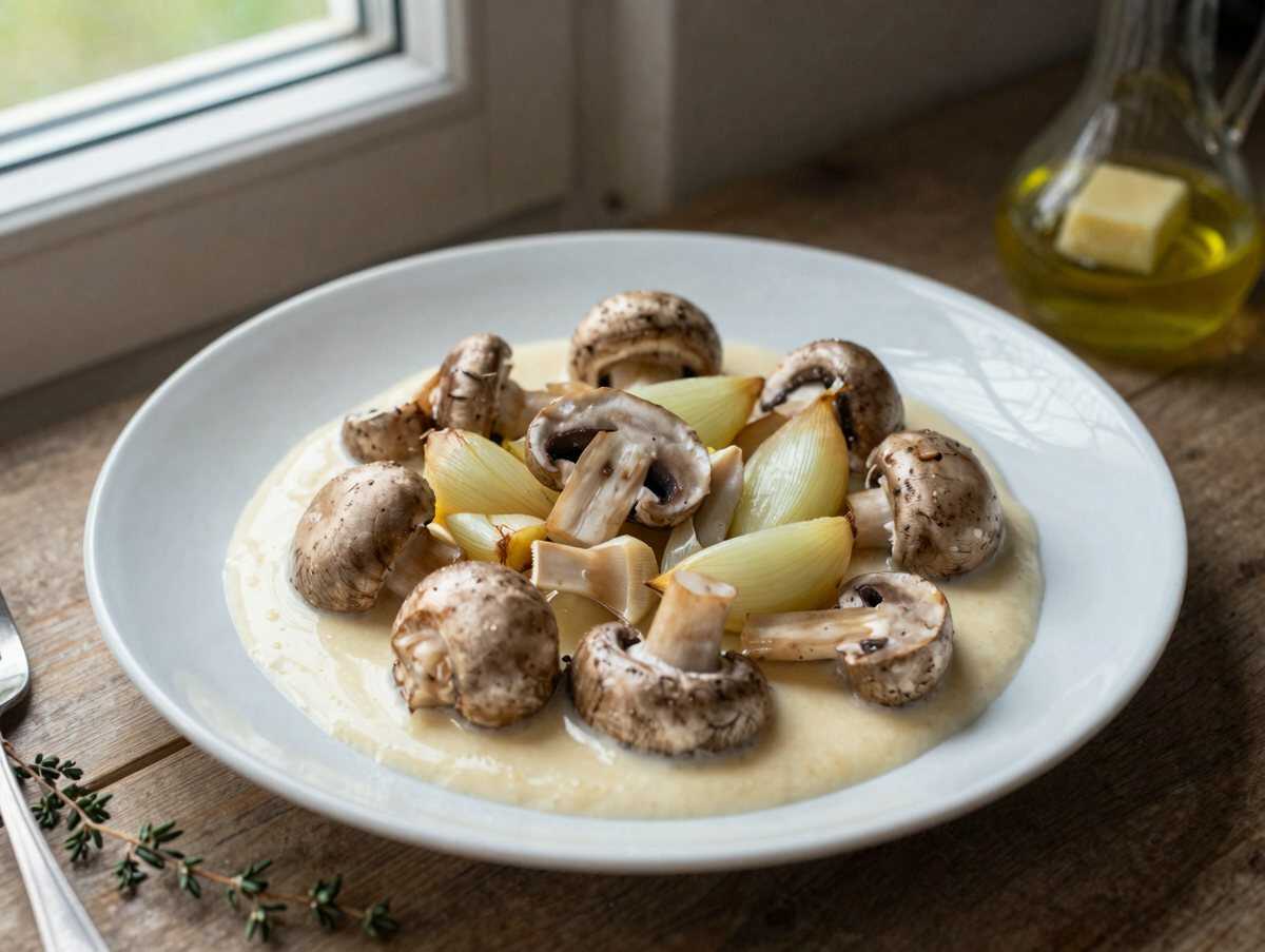 Knoblauch mit 450 g frische Champignons in Leckere Rahmsoße – während der Zubereitung