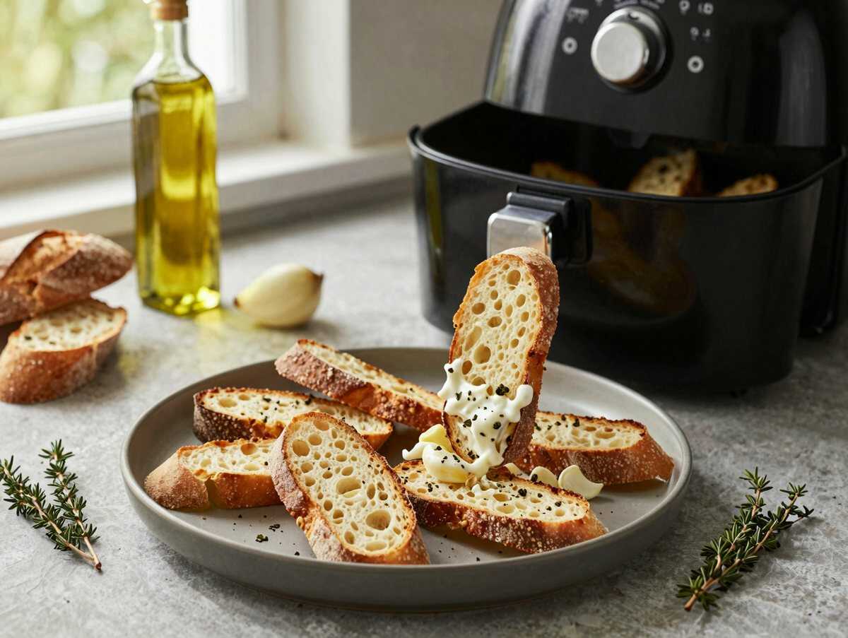 Knusprige Brotchips zum Dip aus dem Airfryer – perfekt als Beilage zum Grillabend – während der Zubereitung