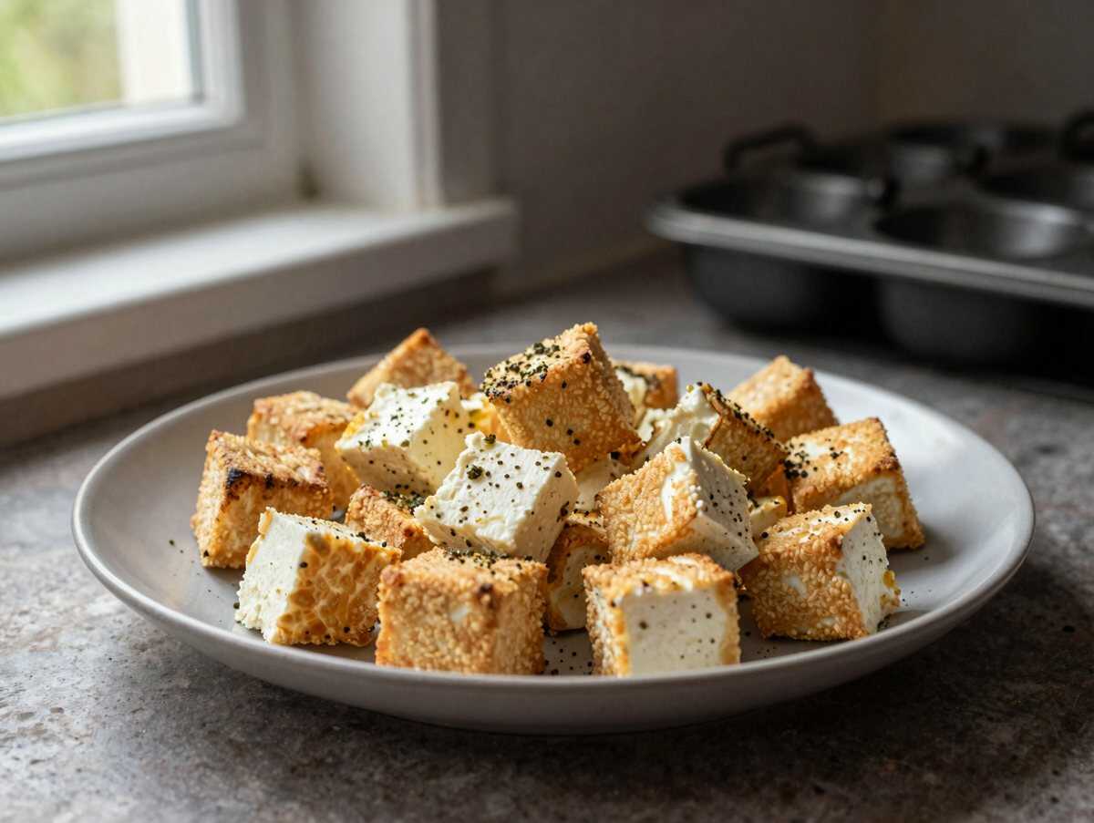 Knusprige Feta-Würfel aus der Heißluftfritteuse – während der Zubereitung