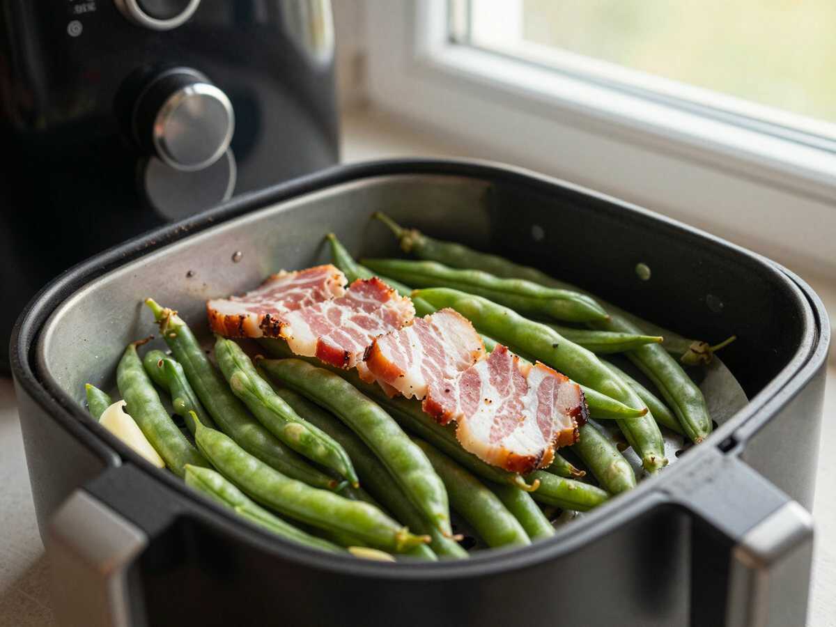 Knusprige Grüne Bohnen mit Speck aus dem Airfryer – die ganze Familie ist begeistert – während der Zubereitung