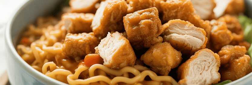 Knusprige Hähnchenwürfel als Bowl-Topping – so sieht es fertig aus