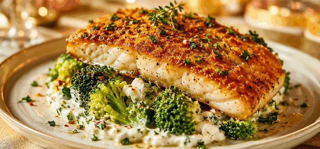Knuspriger Fisch auf Brokkoli-Bett mit cremigem Frischkäse: Ein unwiderstehliches Rezept! – so sieht es fertig aus