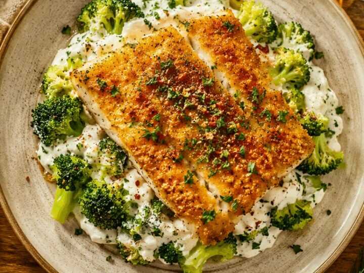 Knuspriger Fisch auf Brokkoli-Bett mit cremigem Frischkäse: Ein unwiderstehliches Rezept!