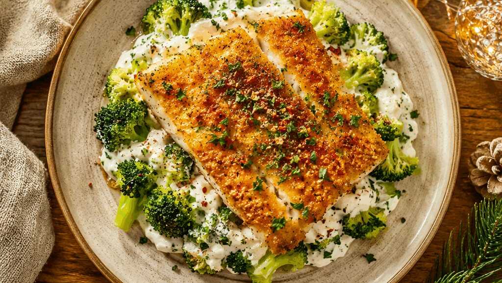 Fisch auf Brokkoli-Bett mit cremigem Frischkäse