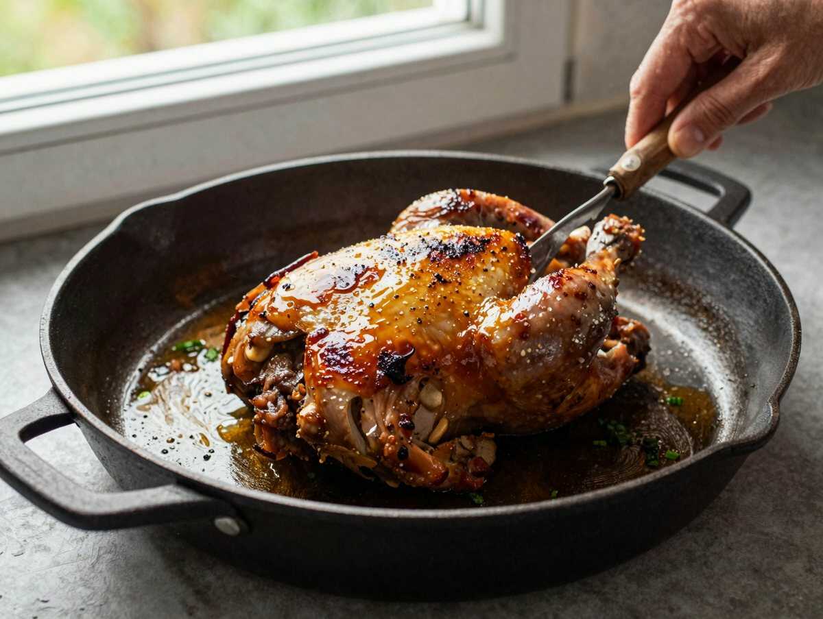 Knuspriges Hähnchen aus der Gusseisenpfanne mit würziger Koriander-Limetten-Marinade – während der Zubereitung