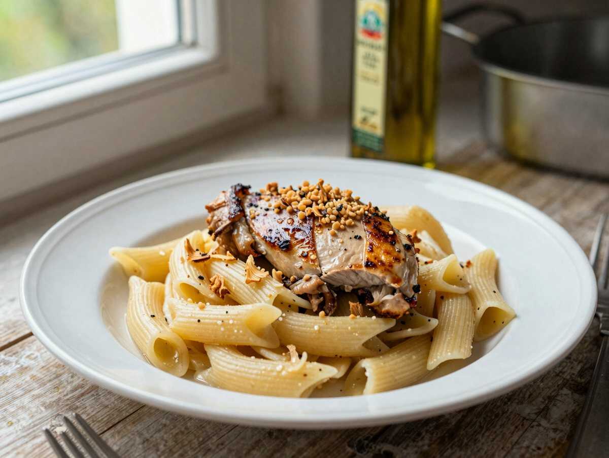Knuspriges Hähnchen mit cremige Pasta in 20 Minuten gemacht! – während der Zubereitung