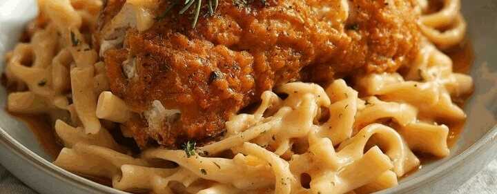 Knuspriges Hähnchen auf Penne mit Parmesan-Sahnesauce