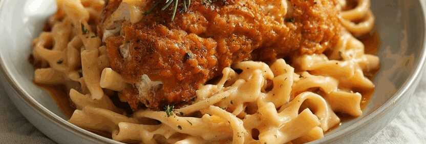Hähnchen auf Penne mit Parmesan-Sahnesauce