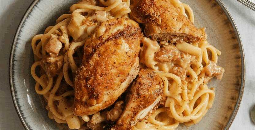 Hähnchen in Panko auf Spaghetti mit Sahnesauce