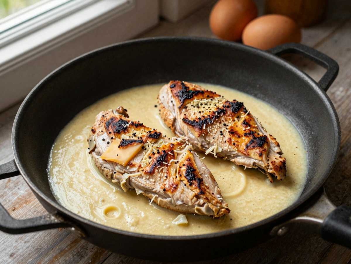 Knuspriges Hühnchen in Parmesan-Kruste mit cremiger Alfredo-Soße: Das ultimative Wohlfühlgericht! – während der Zubereitung
