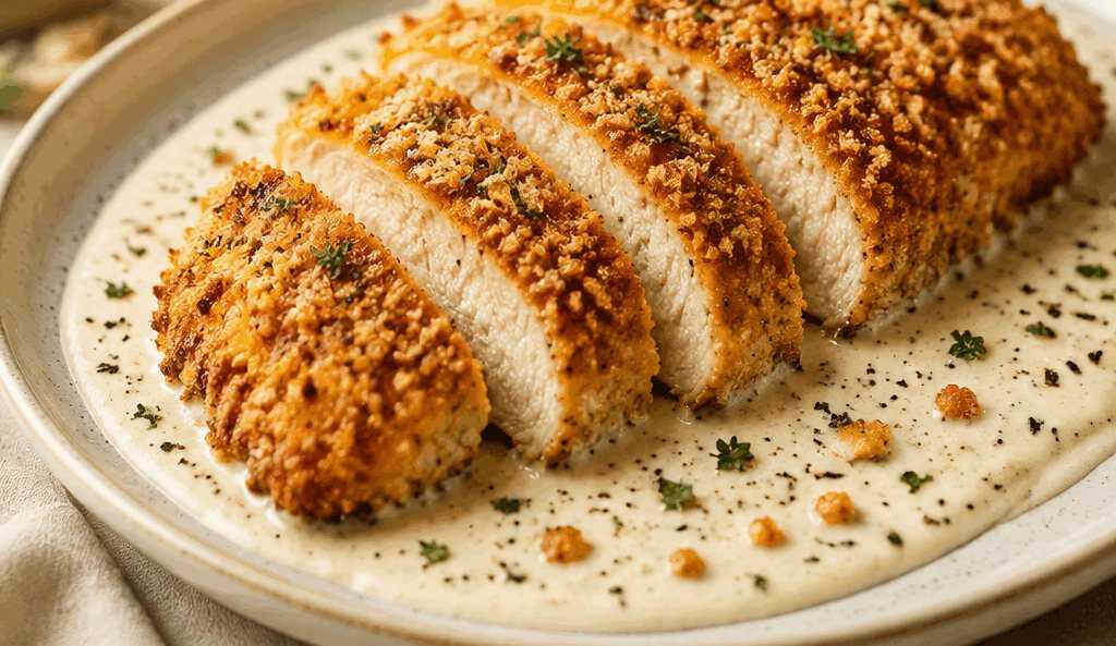 Knuspriges Hühnchen in Parmesan-Kruste mit cremiger Alfredo-Soße: Das ultimative Wohlfühlgericht!
