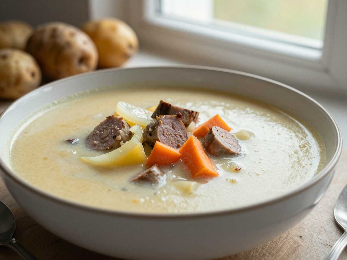 Kochen Sie 1 kg Kartoffeln mit 3 Würstchen, leckere Kartoffelsuppe – während der Zubereitung