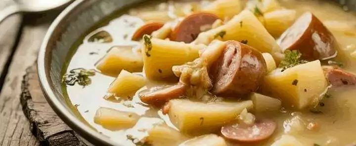 Kochen Sie 1 kg Kartoffeln mit 3 Würstchen, leckere Kartoffelsuppe