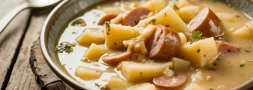 Kochen Sie 1 kg Kartoffeln mit 3 Würstchen, leckere Kartoffelsuppe