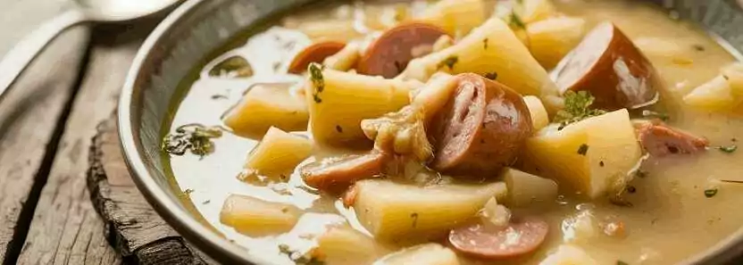 Kochen Sie 1 kg Kartoffeln mit 3 Würstchen, leckere Kartoffelsuppe