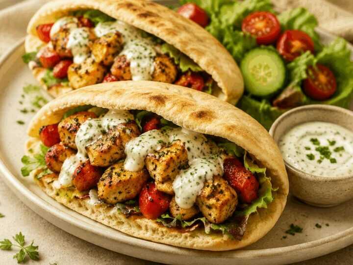 Köstliche Ofen-Hähnchen-Pitas mit zauberhaftem Kräuter-Ranch-Dressing – ein Geschmackserlebnis!