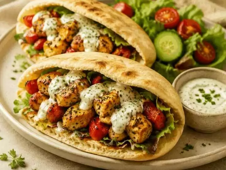 Köstliche Ofen-Hähnchen-Pitas mit zauberhaftem Kräuter-Ranch-Dressing – ein Geschmackserlebnis!