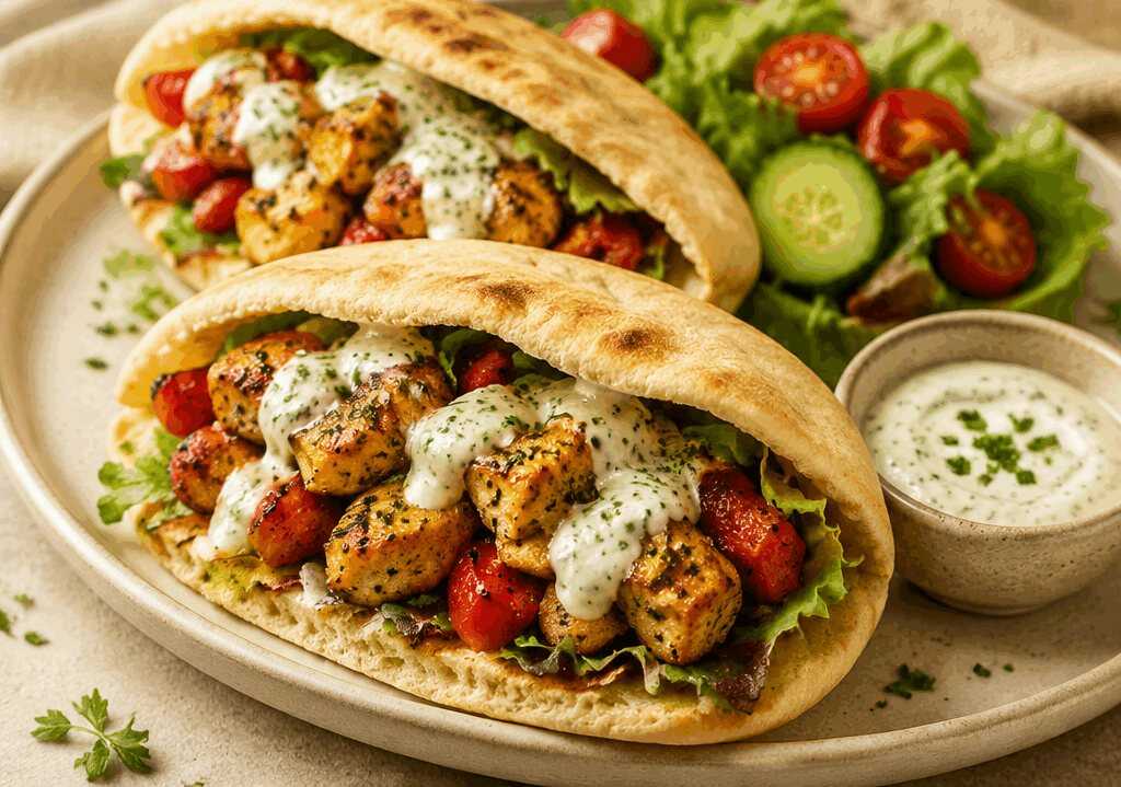 Köstliche Ofen-Hähnchen-Pitas mit zauberhaftem Kräuter-Ranch-Dressing – ein Geschmackserlebnis!