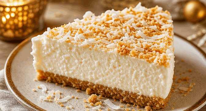 Köstlicher Kokos-Käsekuchen ohne Backen: Ein Muss für jeden Dessertliebhaber! – so sieht es fertig aus