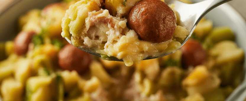 Kohlrabi Kartoffel Mohren Eintopf mit Wiener Würstchen und 200 g Schmelzkäse – so sieht es fertig aus