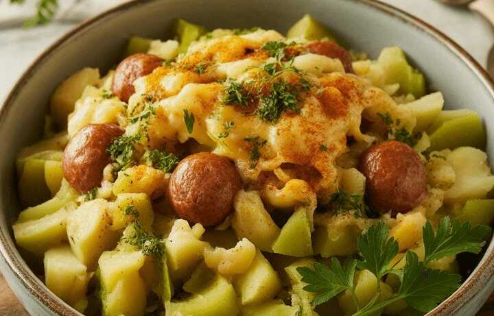 Kohlrabi Kartoffel Mohren Eintopf mit Wiener Würstchen und 200 g Schmelzkäse